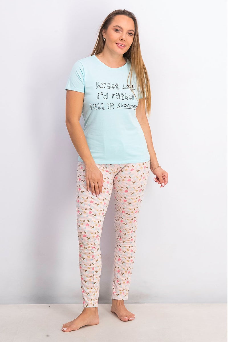 XOXO Women 2 Pcs Set Graphic Tee and Drawstring Allover Print Shorts, Turquoise - Image 1